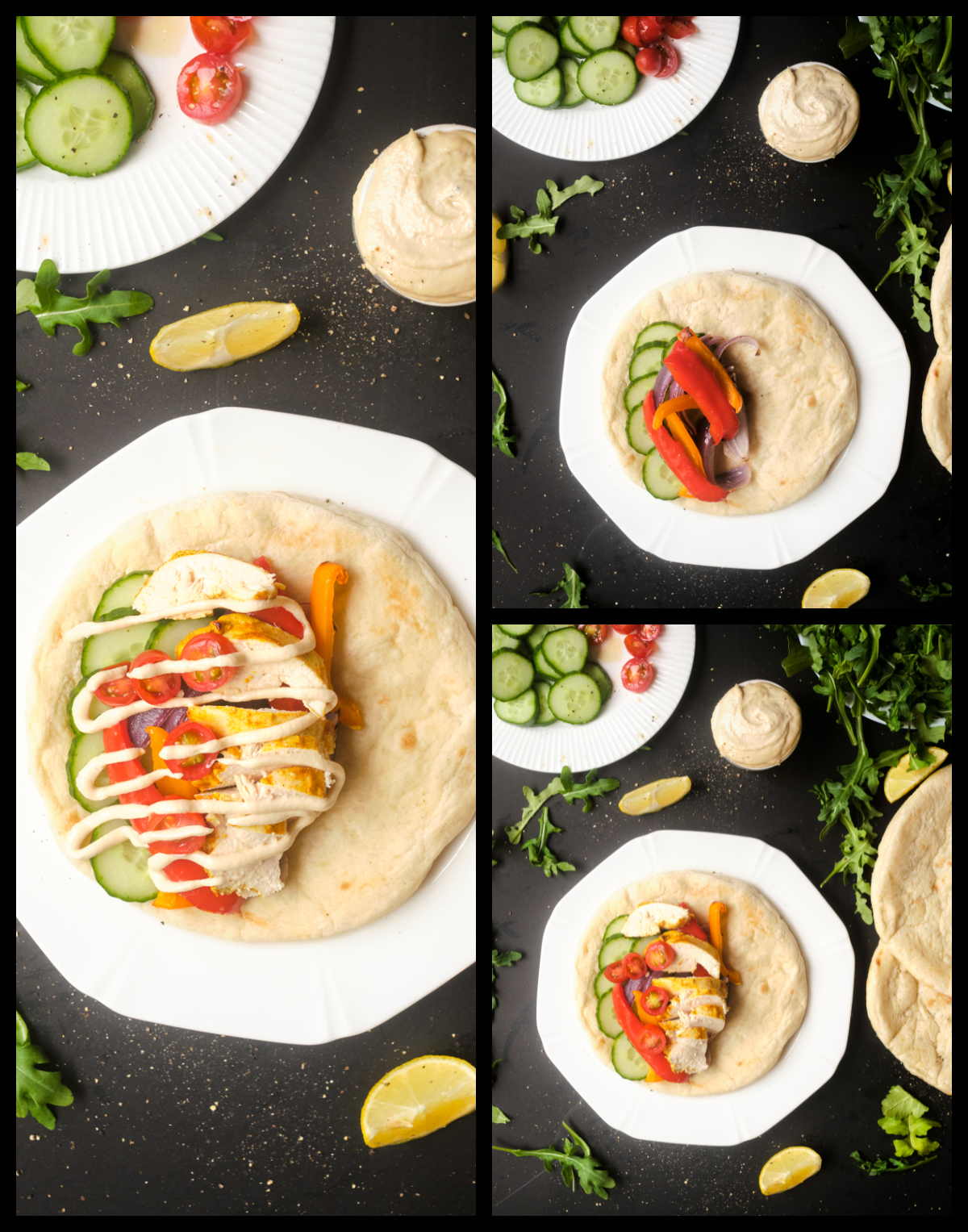 steps for putting together chicken shawarma and toppings in pita bread